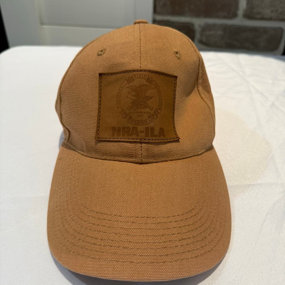 NRA-ILA Hat Cap Strap Back Tan Beige Leather Patch Mens